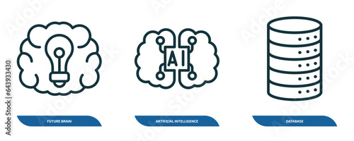 set of 3 linear icons from artificial intellegence concept. outline icons such as future brain, artificial intelligence, database vector