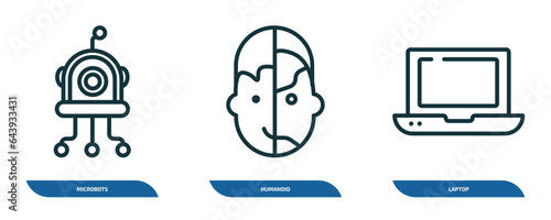 set of 3 linear icons from artificial intellegence concept. outline icons such as microbots, humanoid, laptop vector