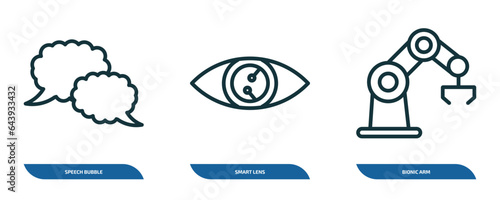 set of 3 linear icons from artificial intellegence concept. outline icons such as speech bubble, smart lens, bionic arm vector