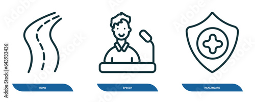 set of 3 linear icons from artificial intellegence concept. outline icons such as road, speech, healthcare vector