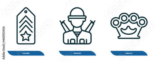 set of 3 linear icons from army and war concept. outline icons such as chevron, infantry, knuckle vector