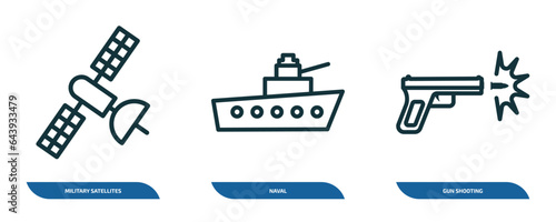 set of 3 linear icons from army and war concept. outline icons such as military satellites, naval, gun shooting vector