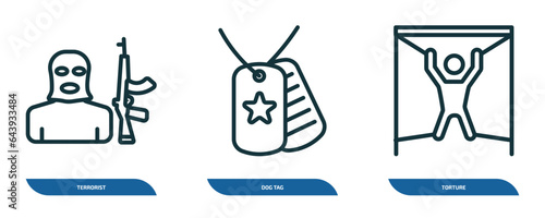set of 3 linear icons from army and war concept. outline icons such as terrorist, dog tag, torture vector