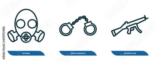 set of 3 linear icons from army and war concept. outline icons such as gas mask, pair of handcuffs, automatic gun vector