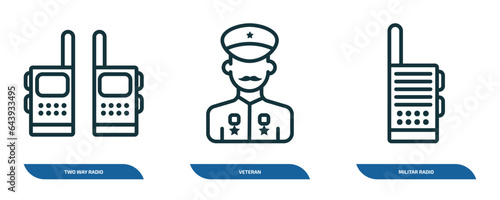 set of 3 linear icons from army and war concept. outline icons such as two way radio, veteran, militar radio vector