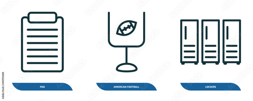 set of 3 linear icons from american football concept. outline icons such as pad, american football goal, lockers vector set of 3 linear icons from american football concept. outline icons such as pad, american football goal, lockers vector