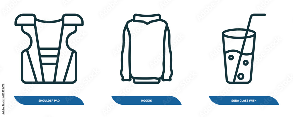 set of 3 linear icons from american football concept. outline icons such as shoulder pad, hoodie, soda glass with a straw vector set of 3 linear icons from american football concept. outline icons such as shoulder pad, hoodie, soda glass with a straw vector
