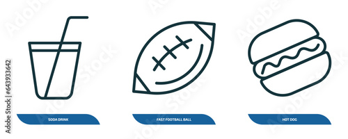 set of 3 linear icons from american football concept. outline icons such as soda drink, fast football ball, hot dog vector