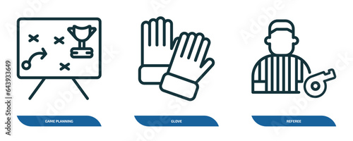 set of 3 linear icons from american football concept. outline icons such as game planning, glove, referee vector