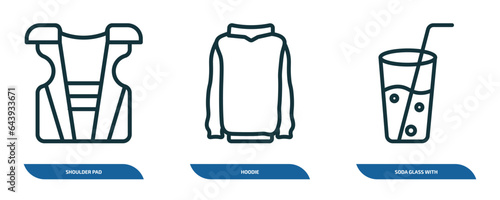 set of 3 linear icons from american football concept. outline icons such as shoulder pad  hoodie  soda glass with a straw vector