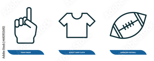 set of 3 linear icons from american football concept. outline icons such as foam finger, black t shirt cloth, american football ball vector
