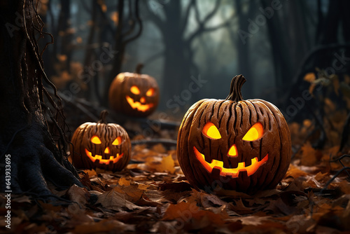 Generative AI Image of Halloween Pumpkins Head with Autumn Leaves in Spooky Forest at Night