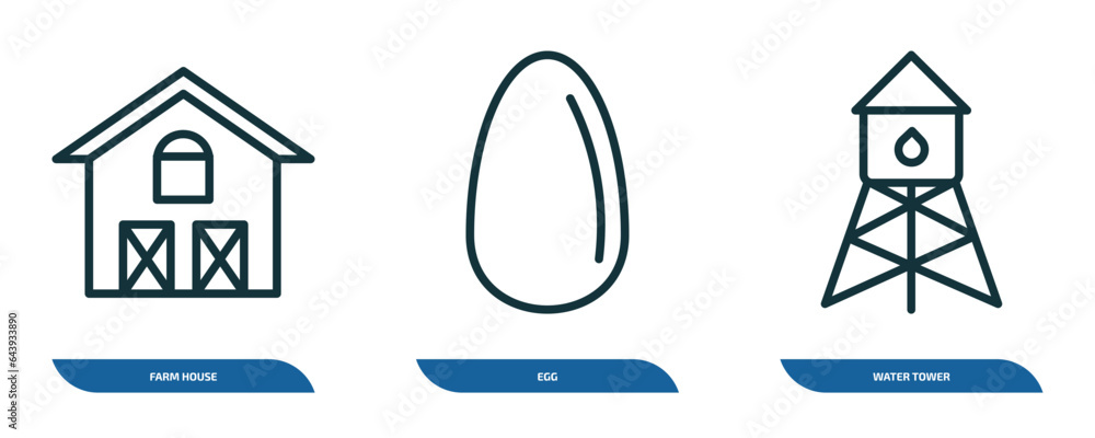 set of 3 linear icons from agriculture farming concept. outline icons such as farm house, egg, water tower vector set of 3 linear icons from agriculture farming concept. outline icons such as farm house, egg, water tower vector