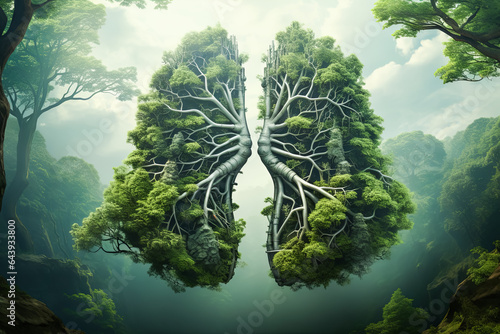 Green tree lungs isolated on green forest. Healthy and medicine or Natural green environment concept