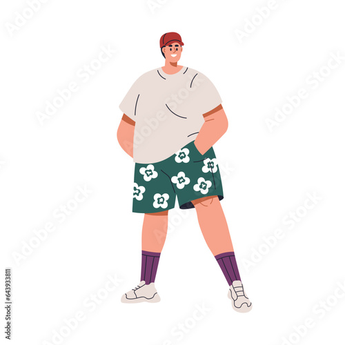 Happy young fat man with chunky plus-size body. Chubby stout guy in loose casual clothes, summer shorts, cap, sneakers. Smiling plump person. Flat vector illustration isolated on white background