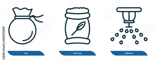 set of 3 linear icons from agriculture farming concept. outline icons such as sack, fertilizer, sprinkler vector