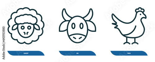 set of 3 linear icons from agriculture farming concept. outline icons such as sheep, ox, hen vector