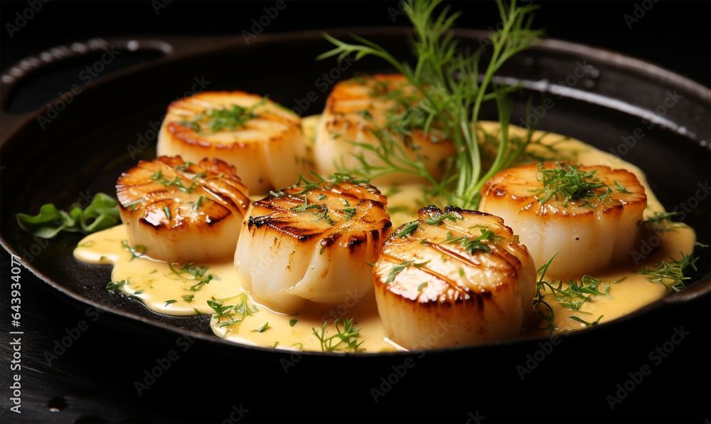 Grilled Scallops in Creamy Lemon Spicy Sauce with Fresh Herbs on Elegant Black Background Grilled Scallops in Creamy Lemon Spicy Sauce with Fresh Herbs on Elegant Black Background