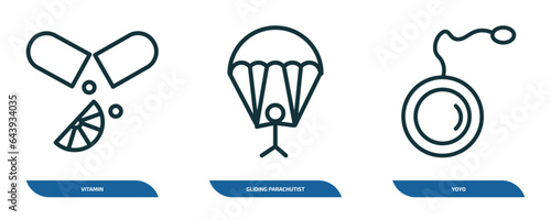 set of 3 linear icons from activity and hobbies concept. outline icons such as vitamin, gliding parachutist, yoyo vector