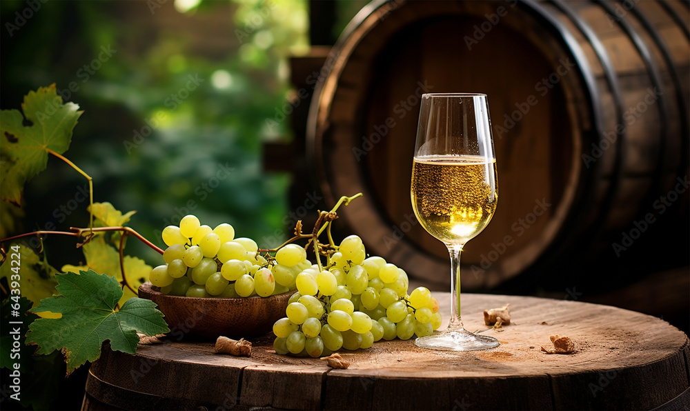 White Wine Glass with Grapes by Aged Wooden Barrel in Rustic Natural Setting