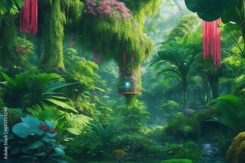 A lush, verdant paradise of bio-engineered ecosystems, with vibrant colors and intricate details.Created with generative AI photo