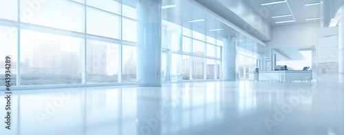 interior of an empty office building with large panoramic windows. Generative Ai