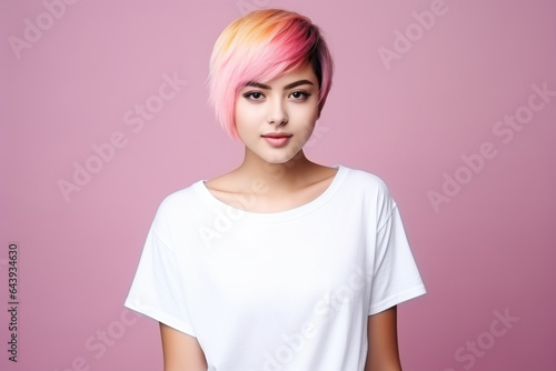 design mockup: beautiful Asian woman with modern short pink hair wearing white blank t-shirt on a pastel pink background