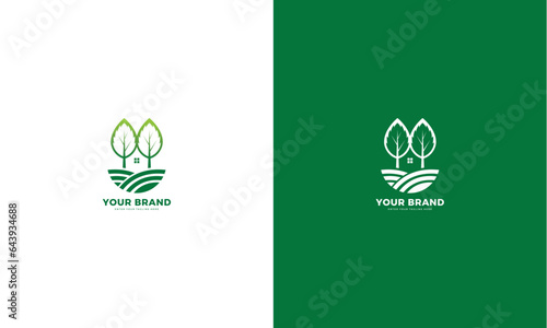 Green tree house logo, vector graphic design