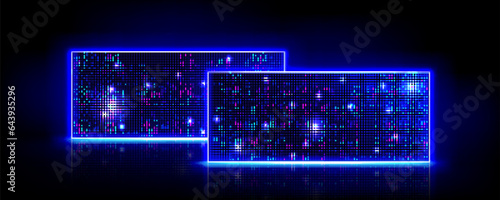 Led screen pixel light display stage background. Blue neon tv monitor grid pattern. Abstract bright technology design. Virtual performance multimedia panel scene for disco party entertainment.
