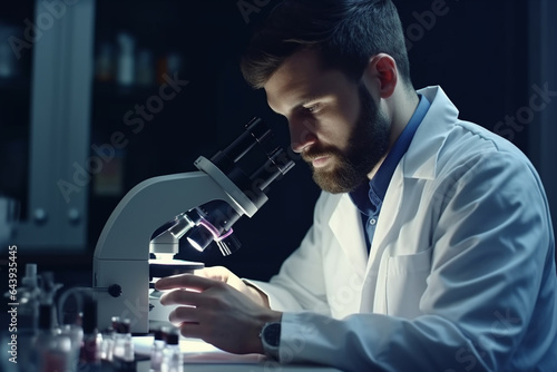lab technician in white coat does research in medical lab