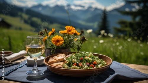 OUTDOOR PICNIC IN THE MOUNTAINS. STUNNING MOUNTAIN SCENERY WITH WINE AND FRESH FOOD IN NATURE.