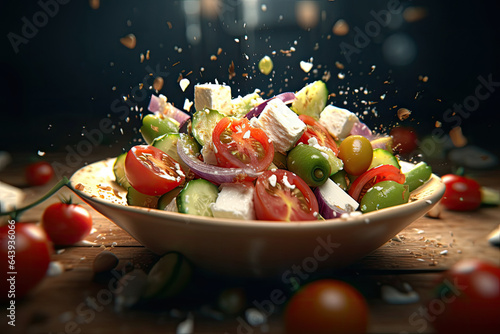 Greek Salad flying ingredients creative dramatic light Generative AI photo