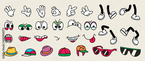 Set of 70s groovy comic vector. Collection of cartoon character faces in different emotions, hand, glove, glasses, hat, shoes. Cute retro groovy hippie illustration for decorative, sticker.