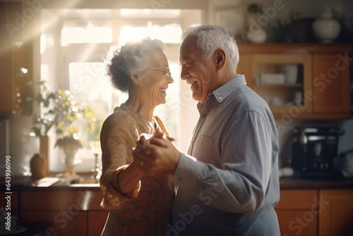 elderly happy couple dancing at home
