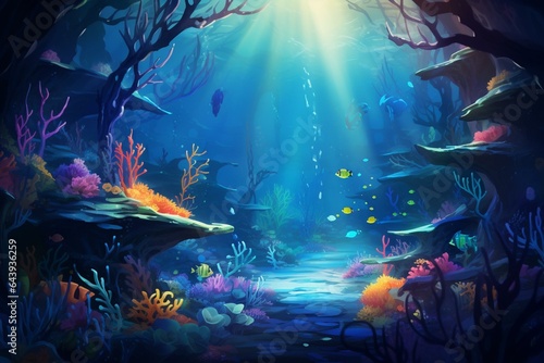 Explore a surreal jungle with floating vines and glowing animals  an underwater coral reef  and diverse marine life. Generative AI