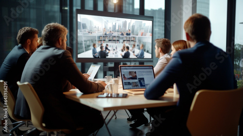 Business people in a meeting having a video conference with partners. Generative Ai