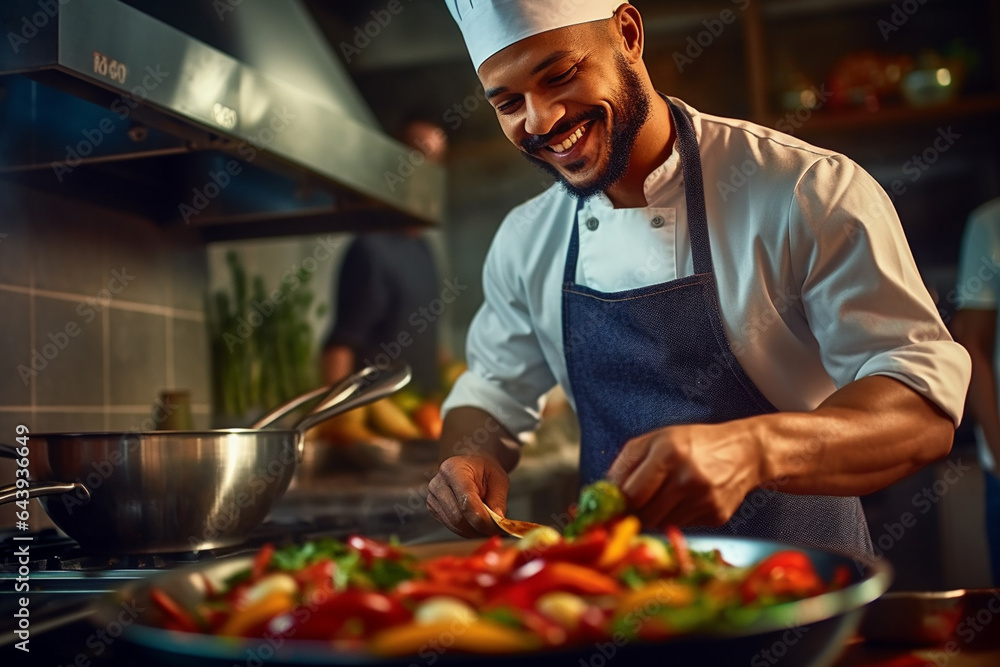happy and smiling chef cooking in restaurant kitchen