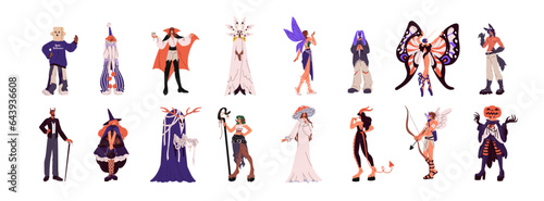 People wearing Halloween costumes set. Persons dressed in vampire  fairy  devil  pumpkin clothes on masquerade. Man and woman do cosplay. Helloween carnival. Flat isolated vector illustration on white
