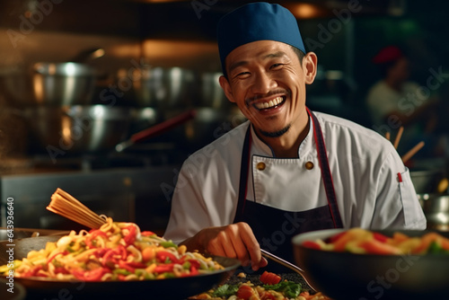 happy and smiling chef cooking in restaurant kitchen