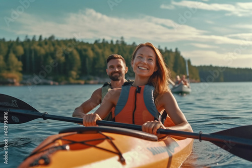 happy couple kayaking on the lake.