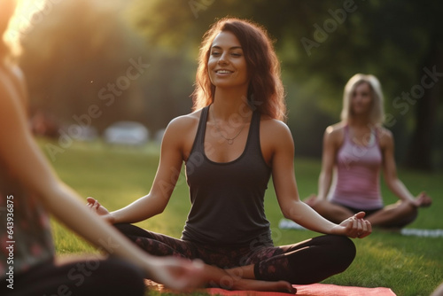 Group of people practice yoga at park