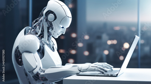 Artificial intelligence robot working at computer in office. IT team, Humanoid support center, Futuristic worker, Work at call center. Generative AI
