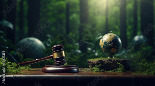 International Environmental law concept. World and gavel with scales of justice and hammer on a green forrest background, global economic regulation.Generative AI