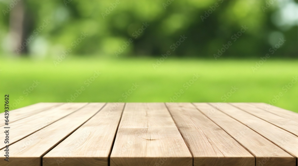 Empty wooden table with blurred nature greenery in the background. For product display or showcase 