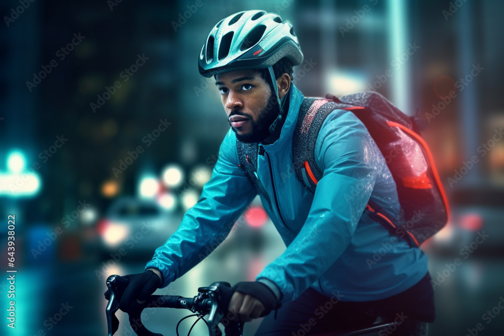 byclist on bicycle with helmet and jacket rides through dark streets of big city byclist on bicycle with helmet and jacket rides through dark streets of big city