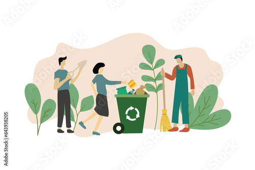 Sustainable practice flat design vector illustration in daily life. characters with an environmentally friendly lifestyle.