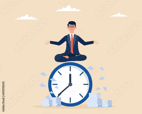 Business sitting on huge clock and doing meditation to improve business before time runs out Business deadline concept.
