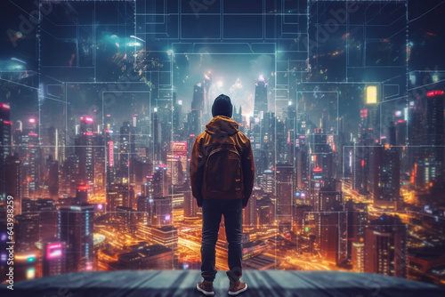 male as hero stands in front of big city in neon lights © Simonforstock