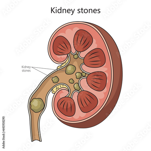 Kidney stone disease diagram schematic vector illustration. Medical science educational illustration