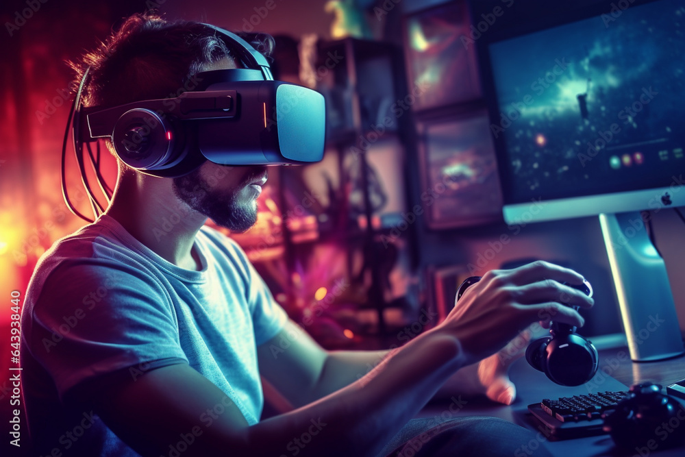 Man in VR glasses in futuristic universe on background Man in VR glasses in futuristic universe on background